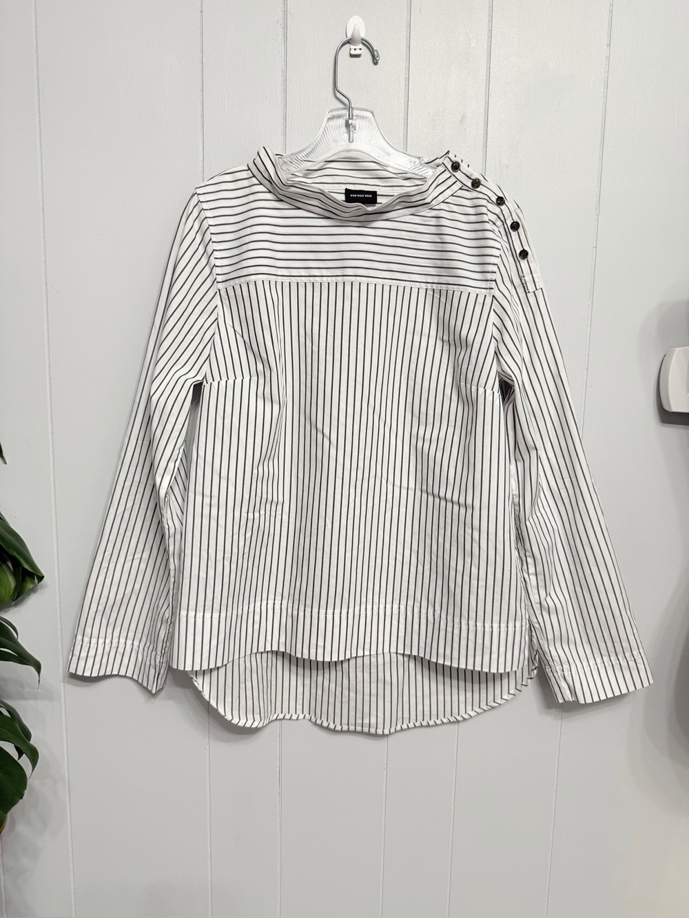 #19)  Who What Wear White Button-Shoulder Striped Long Sleeve Cotton Shirt